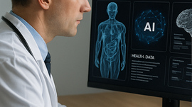 Physician using AI diagnostic tools while maintaining patient-centered care