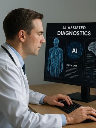 Physician using AI diagnostic tools while maintaining patient-centered care
