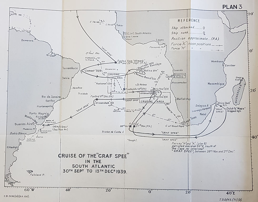 Mapa do trajeto do Graf Spee até chegar ao Uruguai.