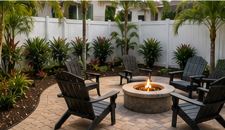 St. Petersburg backyard with mulch beds, palms, tropical plants, and patio fire pit area.