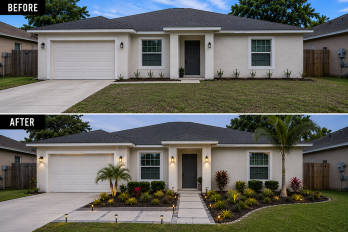 Bushes and curbside retouching add value to a home.