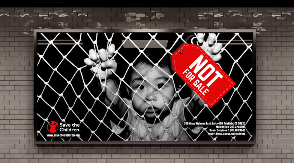 Save the Children subway ad, child trafficking awareness, Not For Sale campaign, public service announcement, eye-catching subway posters, social cause advertising, impactful advertising design.