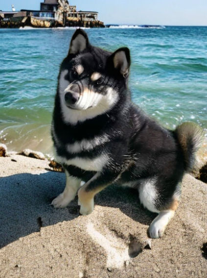 alt=" A Batta boy Black and Tan Shiba Inu on the beach ">