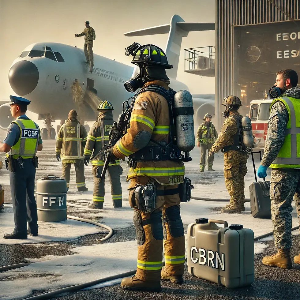 Military professionals, such as firefighters using foam, aircraft maintenance crew, and a CBRN specialist, working on a military base with signs of PFAS contamination in the background, symbolizing exposure risks.