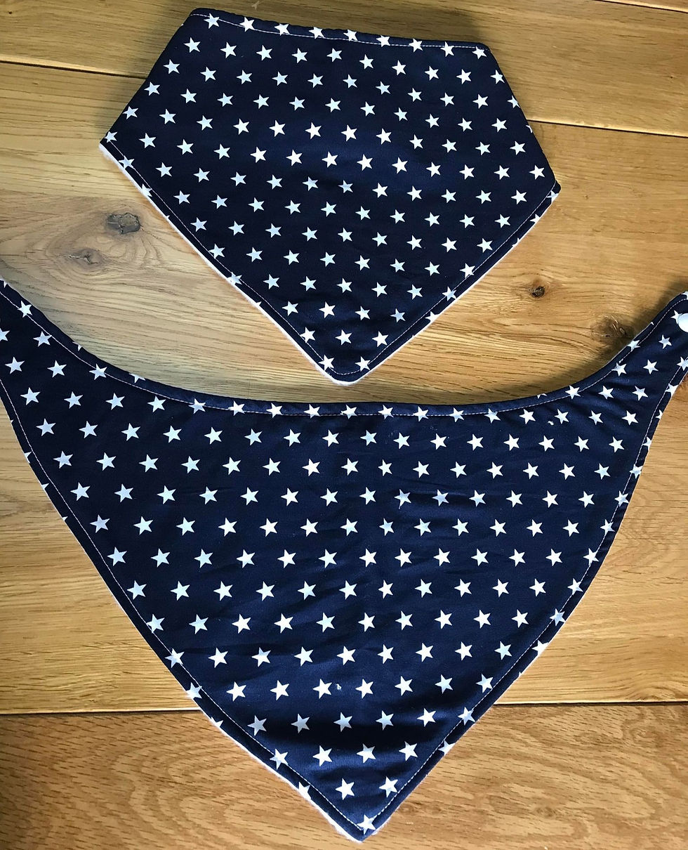 Thumbnail: Navy with Stars. Dribble bib. Dignity bib. Bandana style