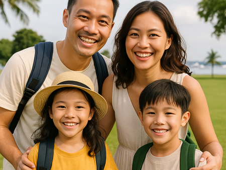 Singaporean family of four smiling together in a sunny park during year-end school holidays