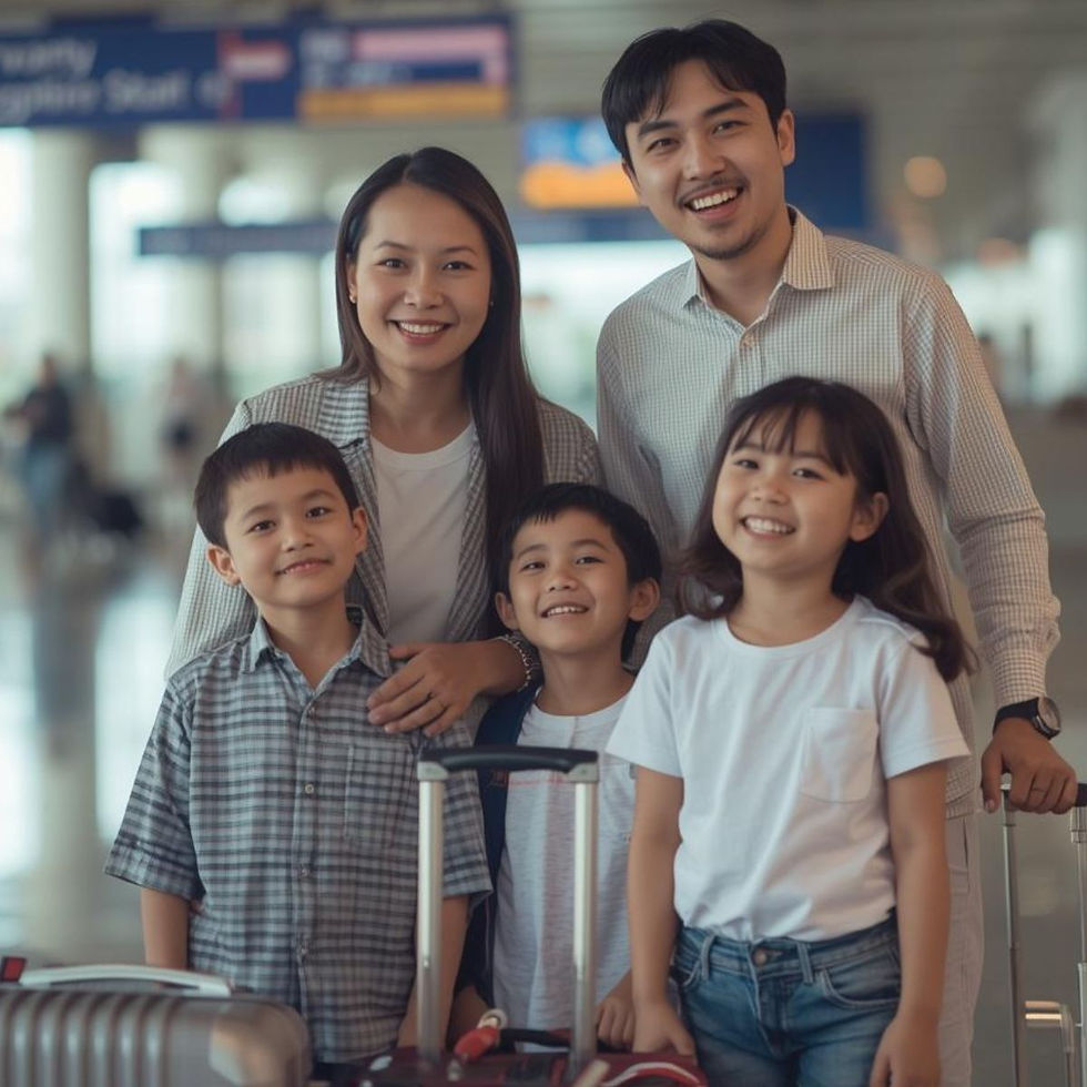 Singapore family with young children at Changi Airport preparing for June school holiday travel with luggage and travel documents