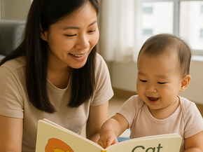 A Chinese Singaporean mother sitting on a playmat in a bright HDB flat, reading a bilingual picture book (English/Mandarin) to her 1-year-old baby. The baby is pointing at the book, smiling.