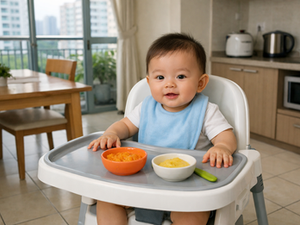 Baby sitting upright in a high chair in a Singapore home, showing readiness to start solid foods.