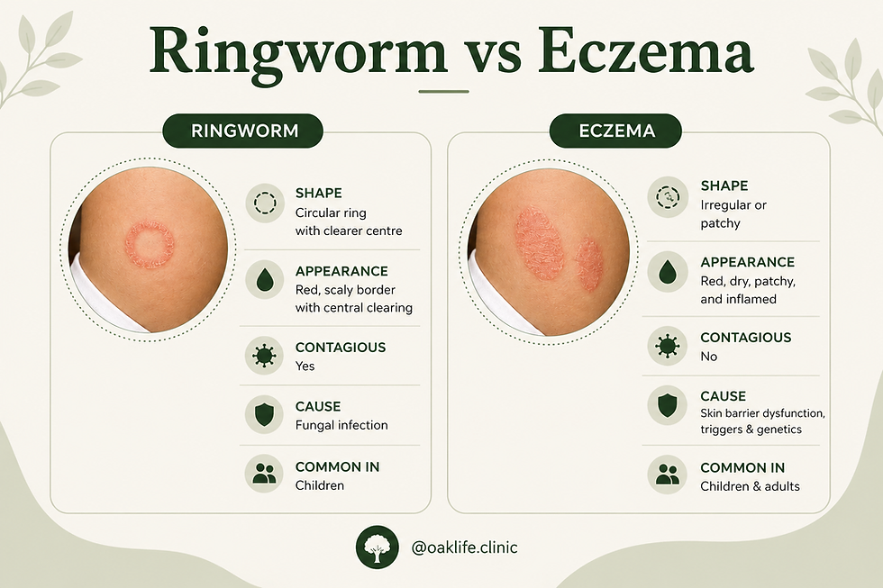 Comparison infographic of ringworm versus eczema in children, showing differences in shape, appearance, contagiousness and cause