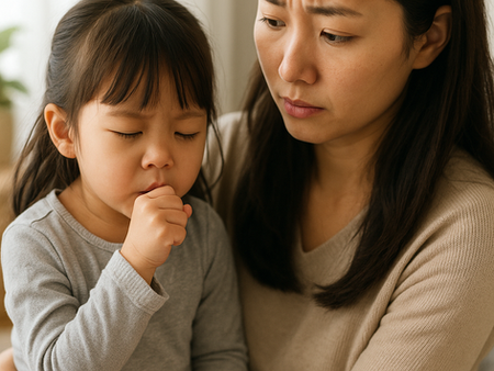 A concerned mother comforts her child during a coughing spell — a familiar scene for many parents in Singapore.