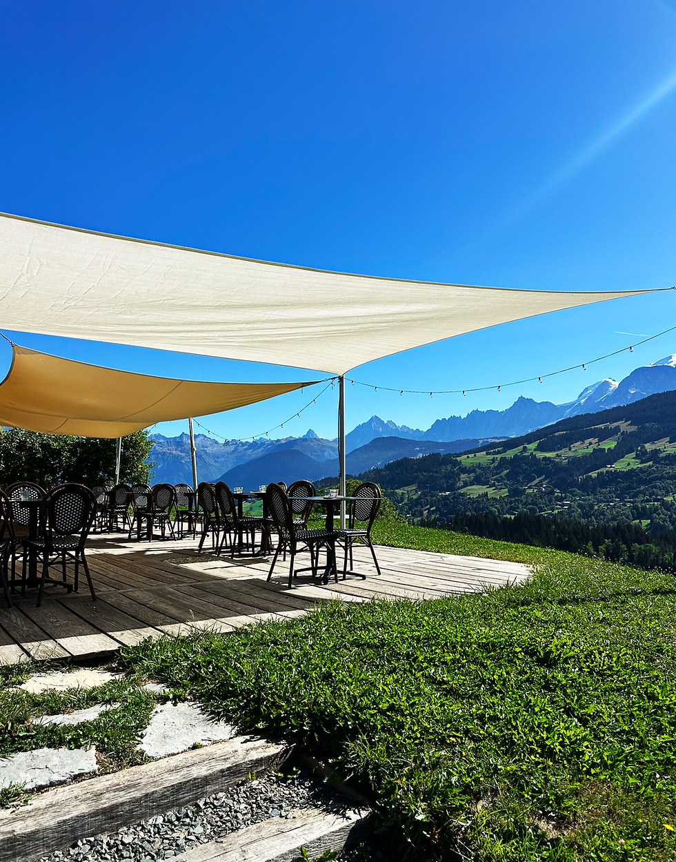 Terrasse ensoleillée avec voiles d'ombrage face aux Alpes.