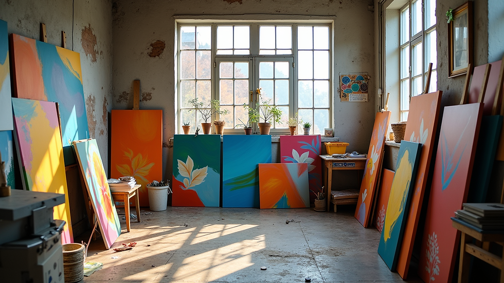 Wide angle view of a vibrant art studio filled with colorful canvases