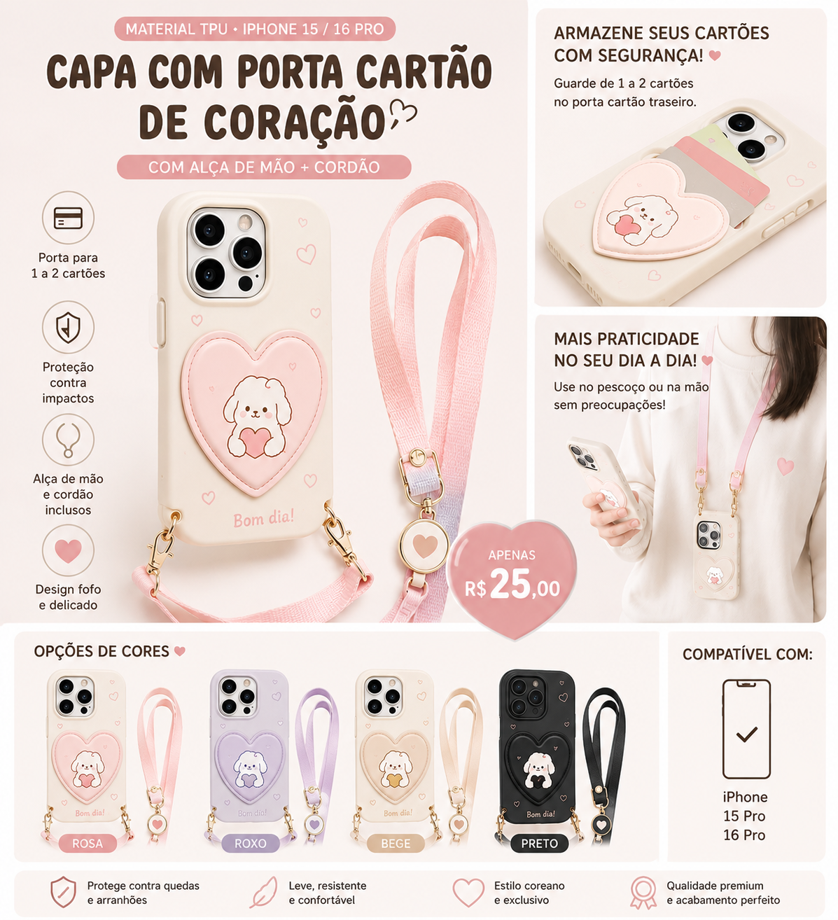 Capa com Porta Cartão de Coração para iPhone