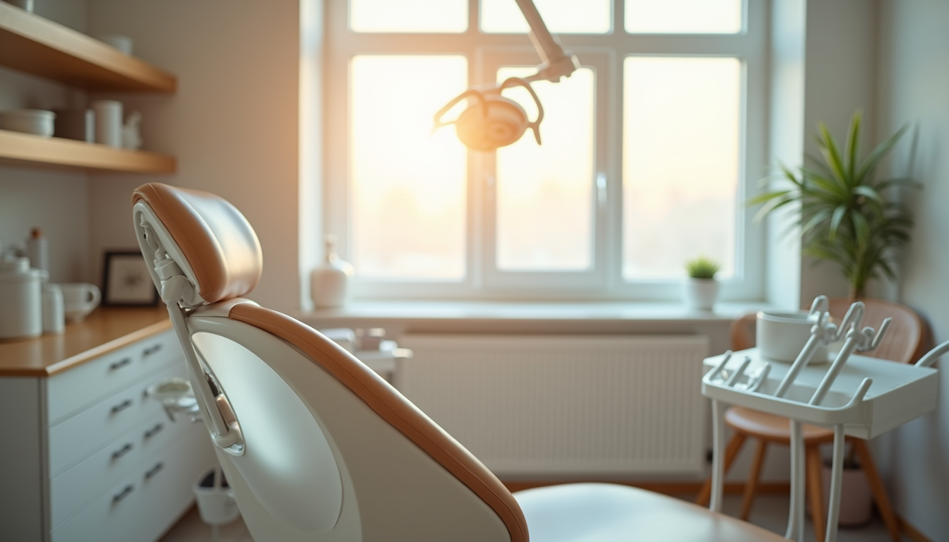 Eye-level view of a calm dental treatment room with soft lighting and comfortable chair