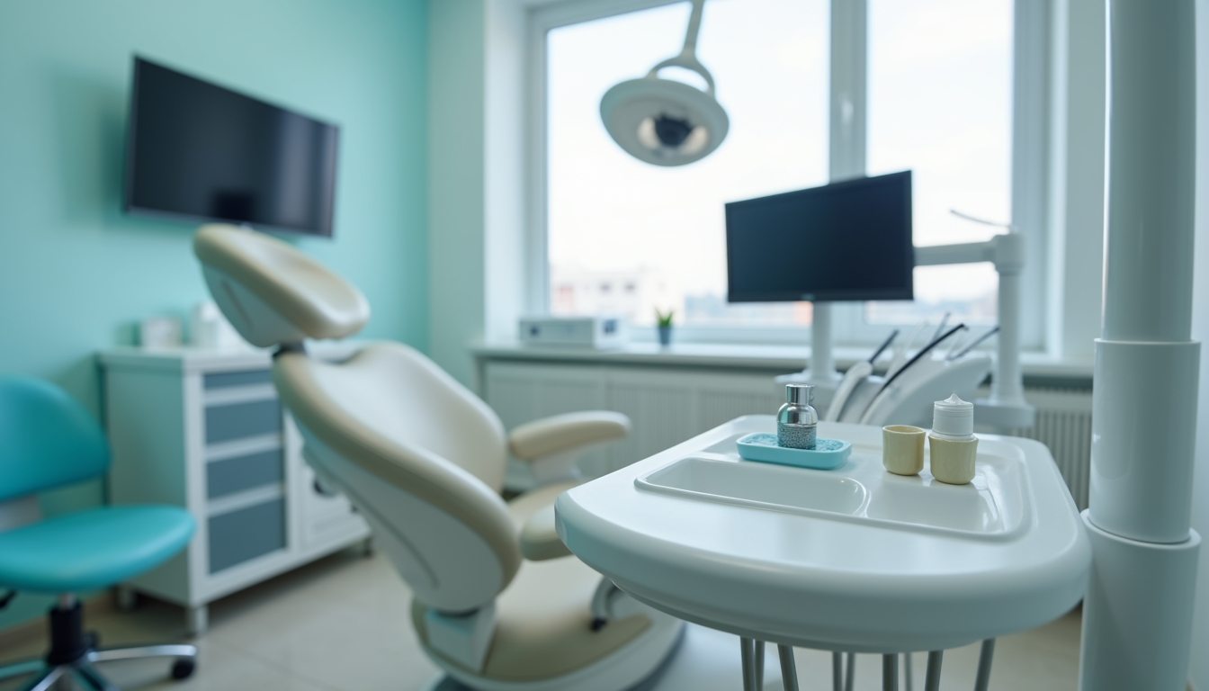Close-up view of a dental chair with professional teeth whitening equipment