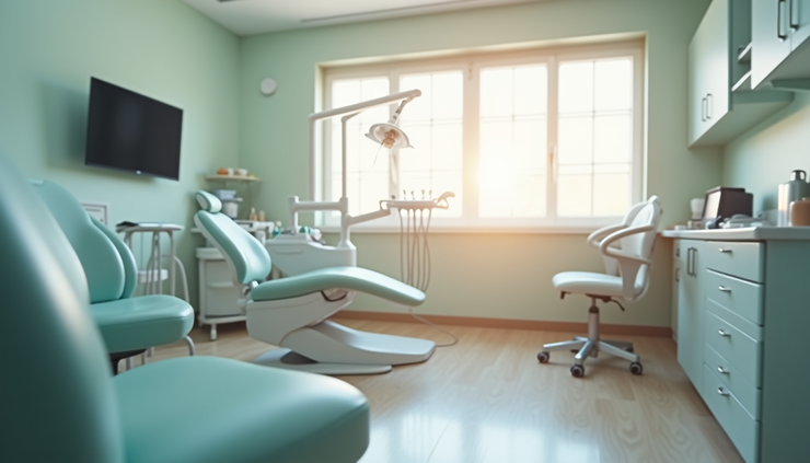 Eye-level view of a calm dental treatment room with soft lighting and comfortable seating