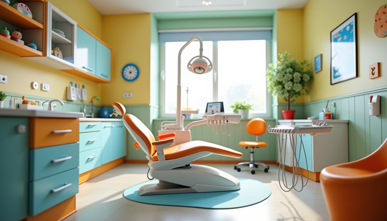 Eye-level view of a colorful pediatric dental office with child-friendly decorations