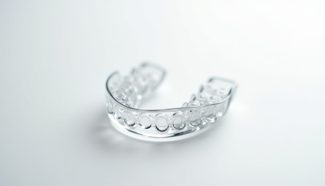 Close-up view of a clear Invisalign aligner on a white surface