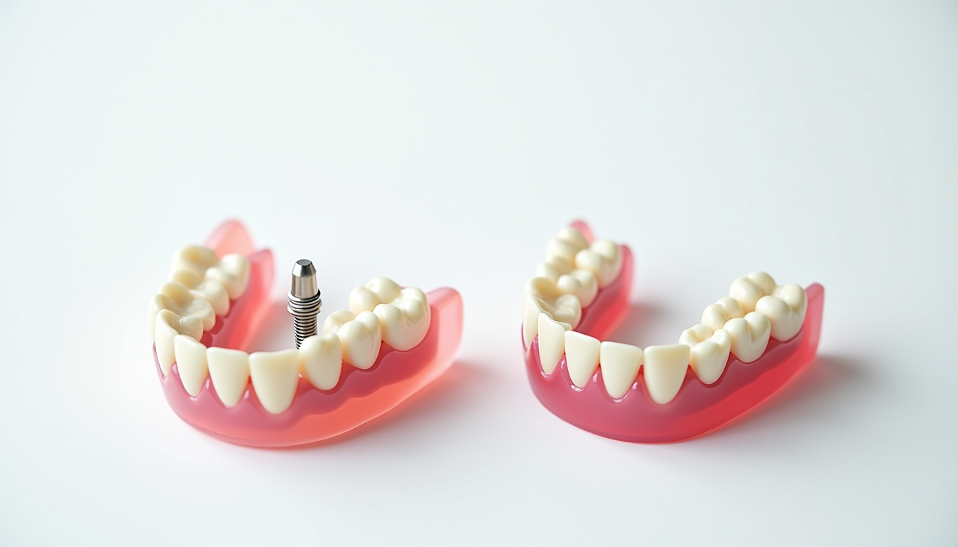 Close-up view of dental implants and dentures side by side on a white surface