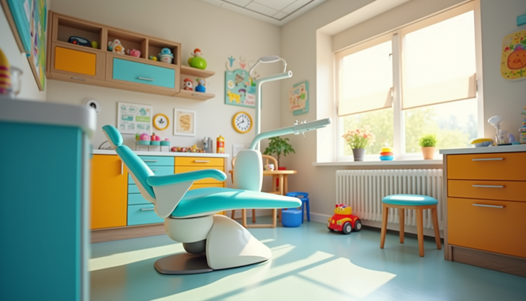 Eye-level view of a colorful pediatric dental office with a child-friendly chair and toys