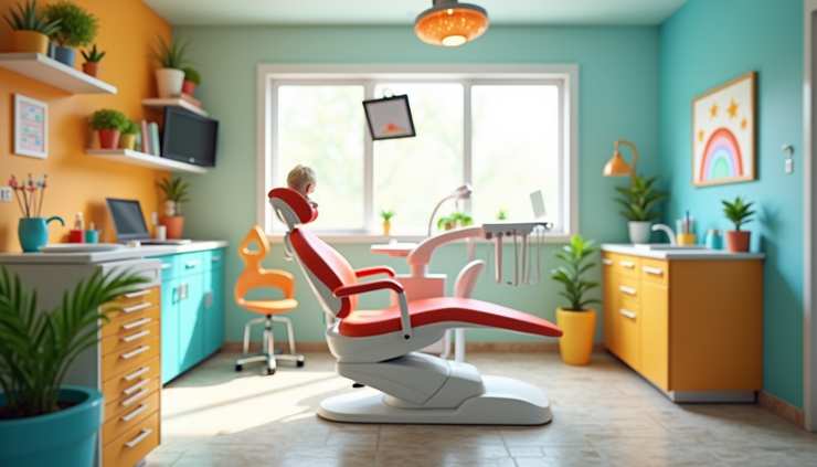 Eye-level view of a colorful pediatric dental office with child-friendly decorations