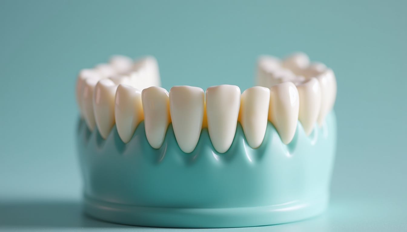 Close-up view of a dental model showing crowns and bridges fitted on upper and lower teeth