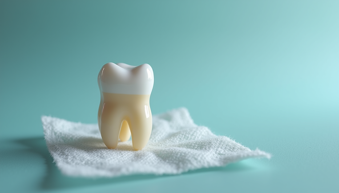 Close-up view of a knocked-out tooth held carefully on a clean gauze pad