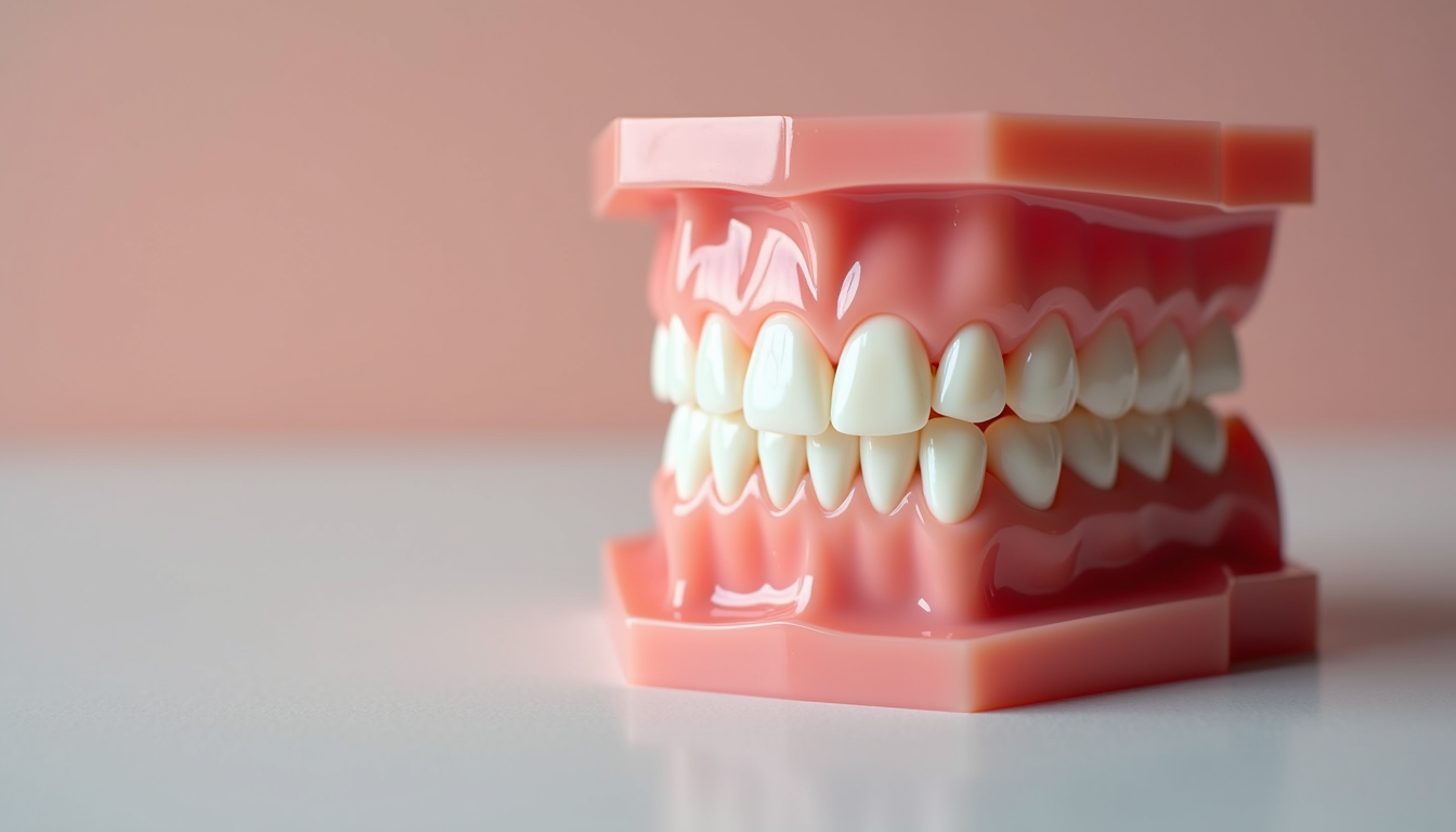 Close-up view of a dental model showing porcelain veneers on front teeth