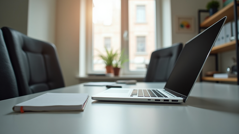 Eye-level view of a single office desk with a laptop and a notebook