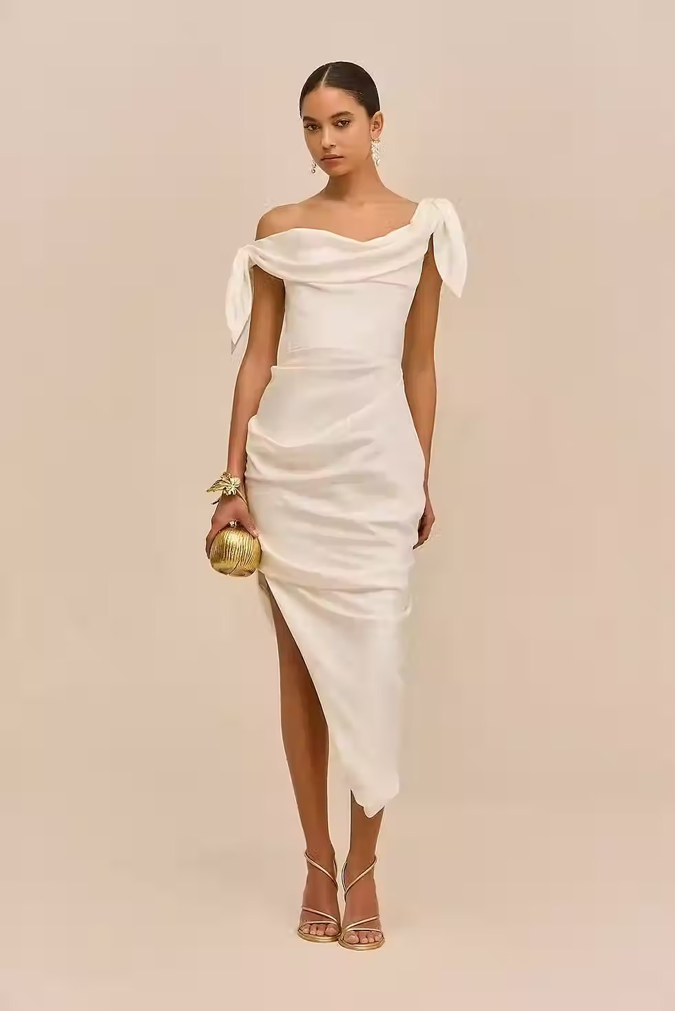 off shoulder rehearsal dinner dress with bow ties