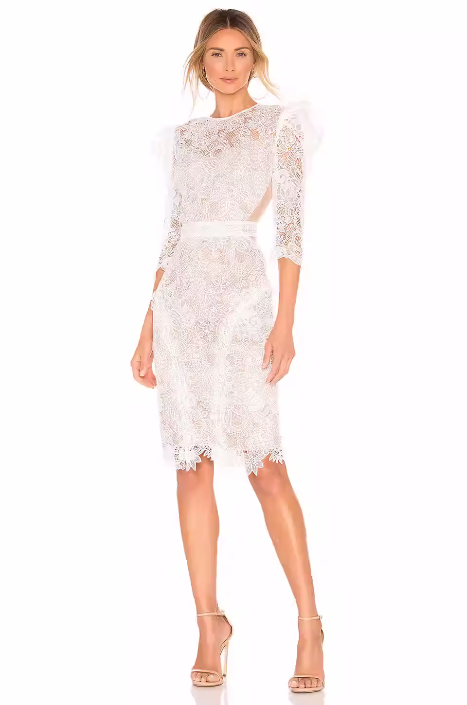 garden party bridal shower midi lace dress with long sleeves