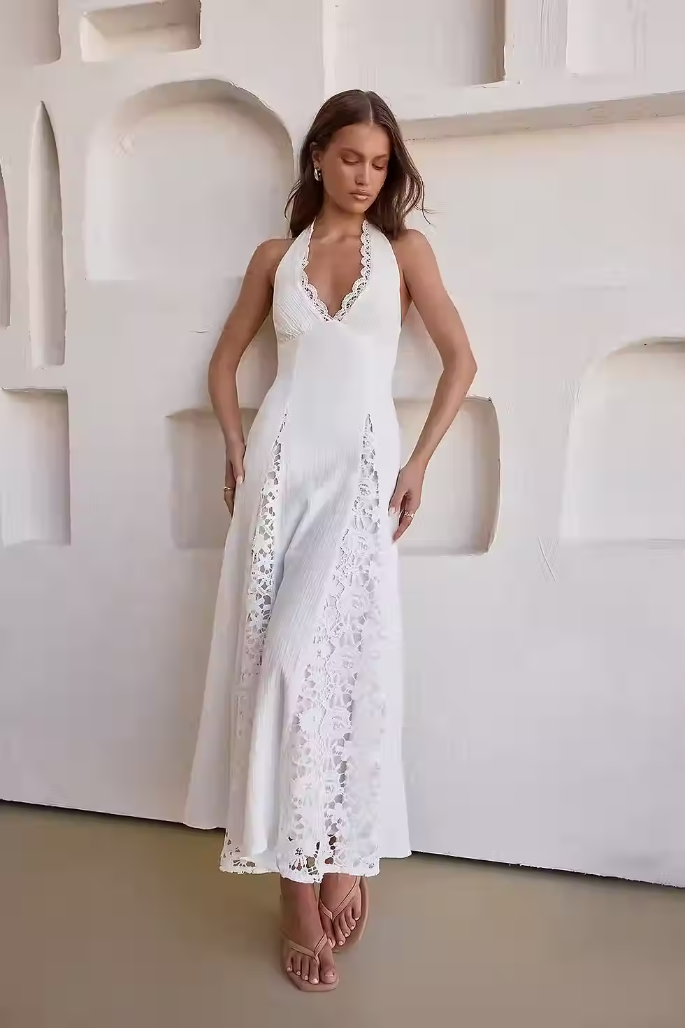 White halter midi dress with a scalloped neckline and eyelet cutwork skirt for a bridal shower