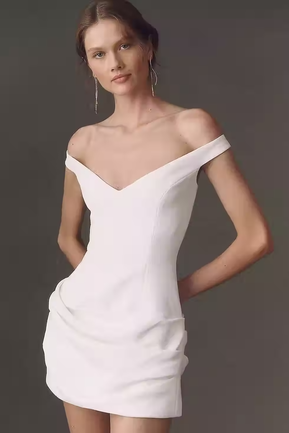 off shoulder rehearsal dinner mini dress