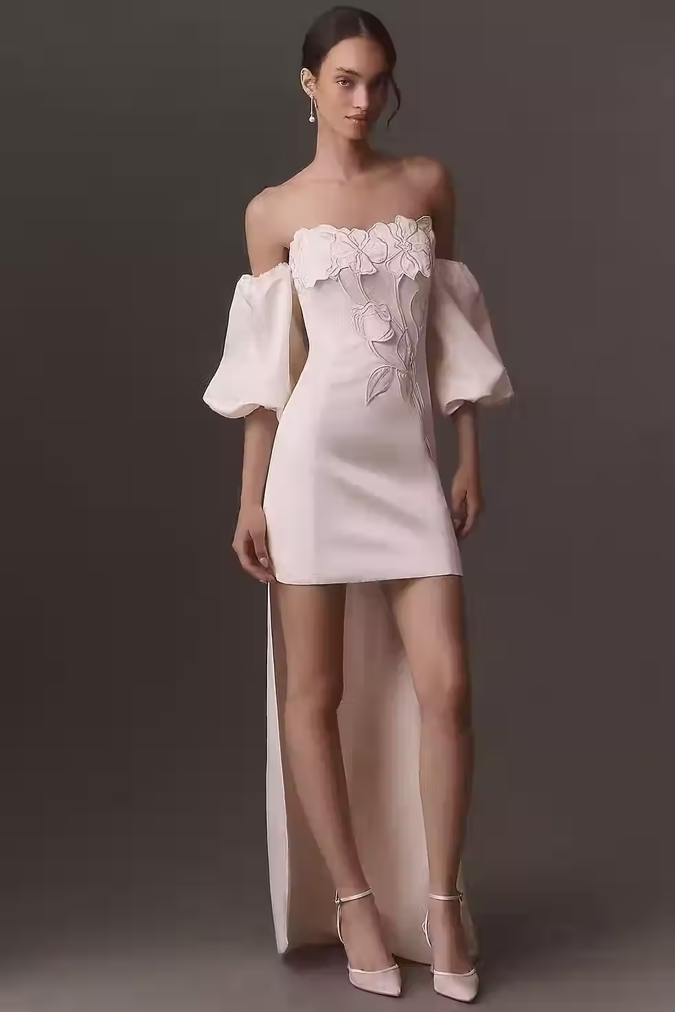 garden party bridal shower dress with off shoulder puff sleeves