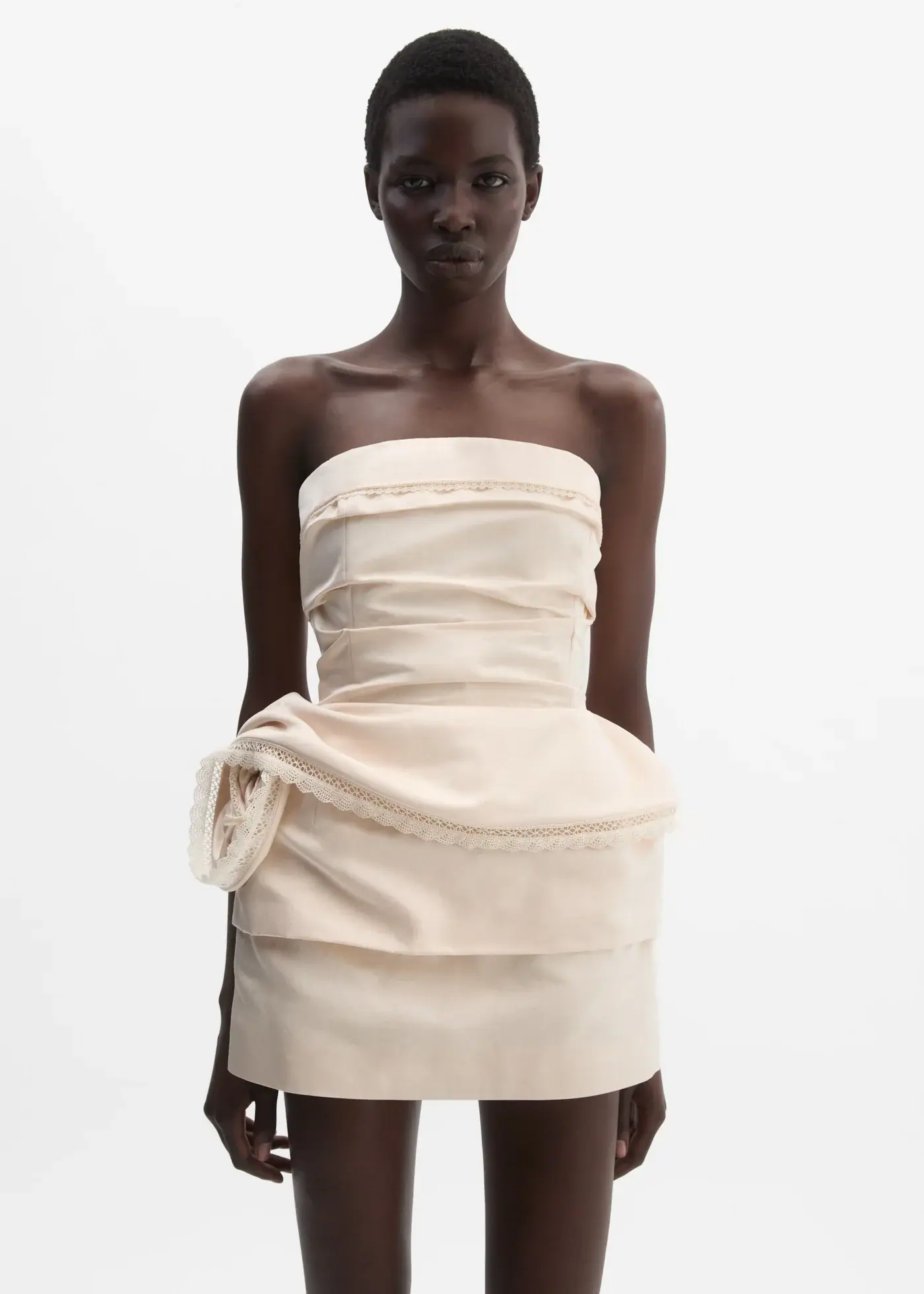 Strapless Mini Dress with Lace-Trimmed Peplum