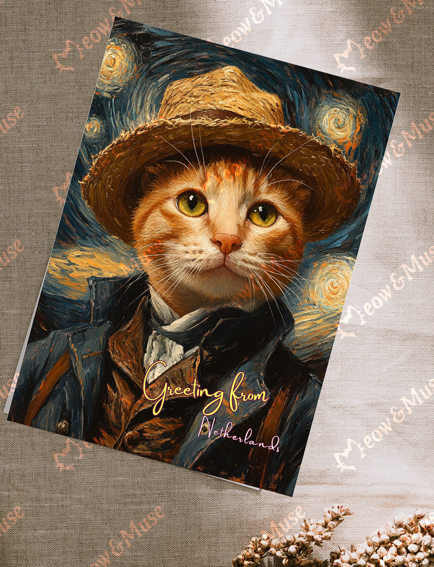 Postcard 'Greeting from NL Van Gogh cat with a hat'