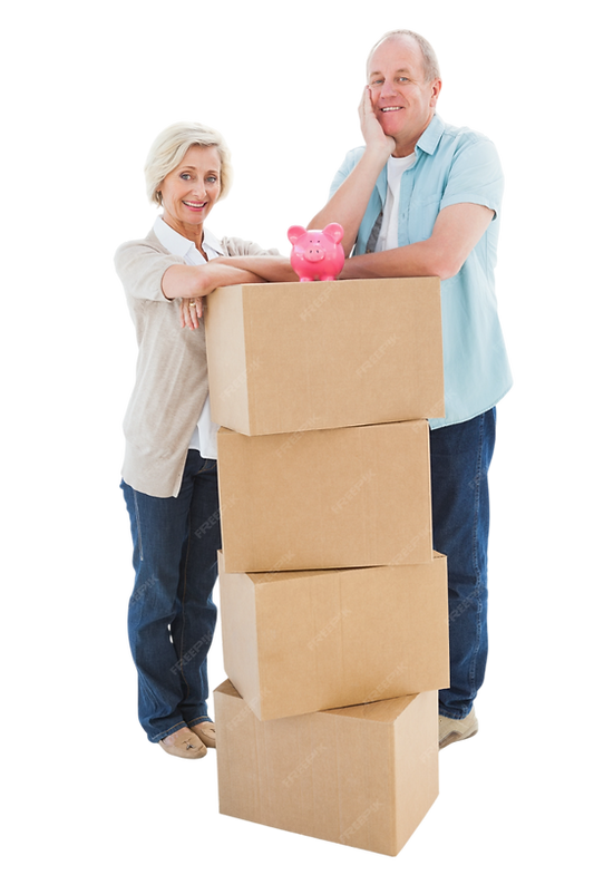 older-couple-smiling-camera-with-moving-boxes-piggy-bank