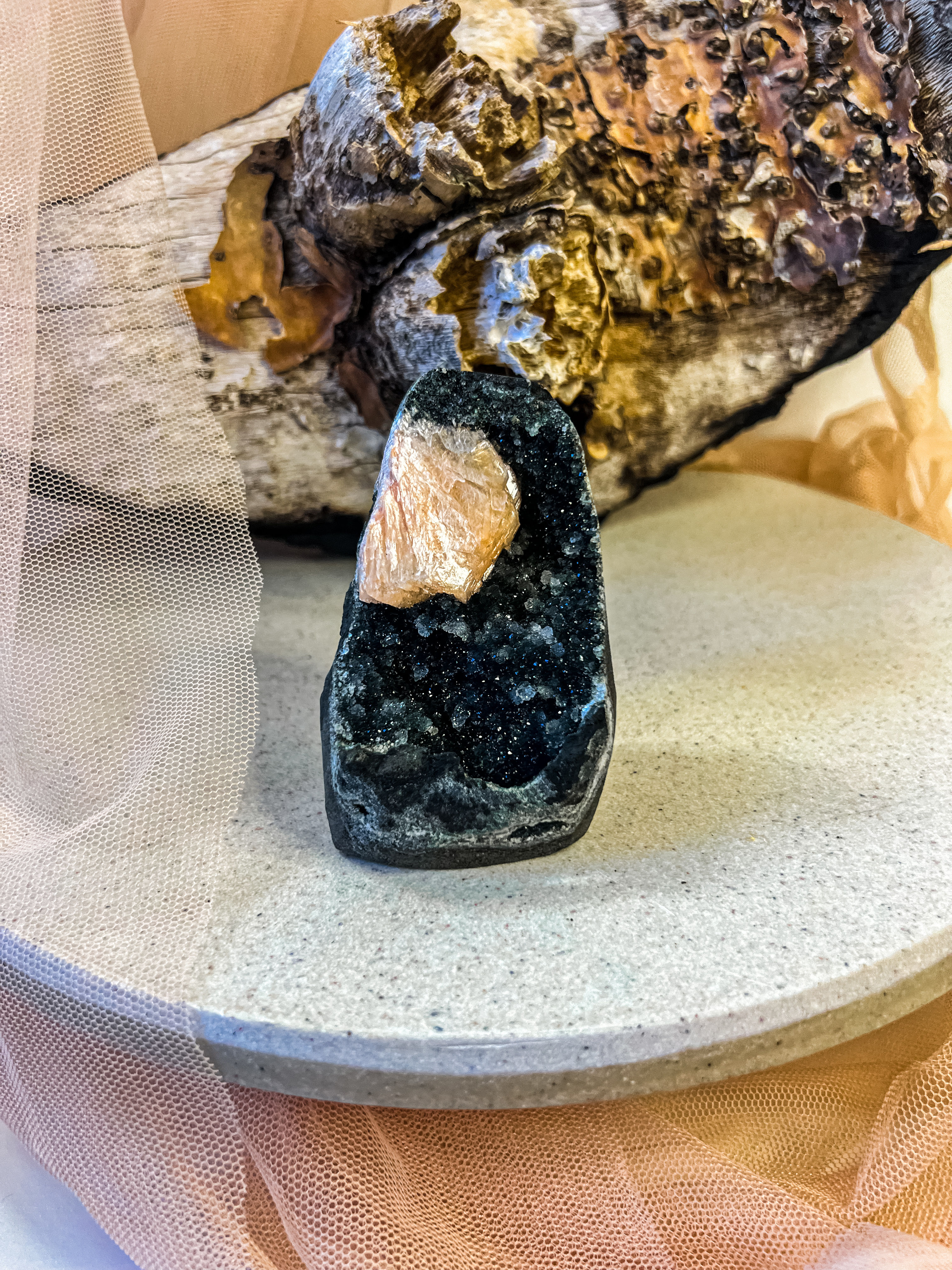 "Minerva" - Epistilbite balls on Black chalcedony with Stilbite.