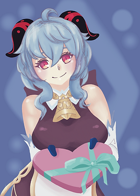 drawing commission of a blue haired character holding heart shaped box of chocolates while smiling