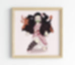 drawing of a girl with a bamboo muzzle in a pink kimono and black hair with reddish orange tips. Kneeling on one knee.