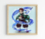 drawing of a young boy holding a sword in a green and black checkered cardigan surrounded by water.
