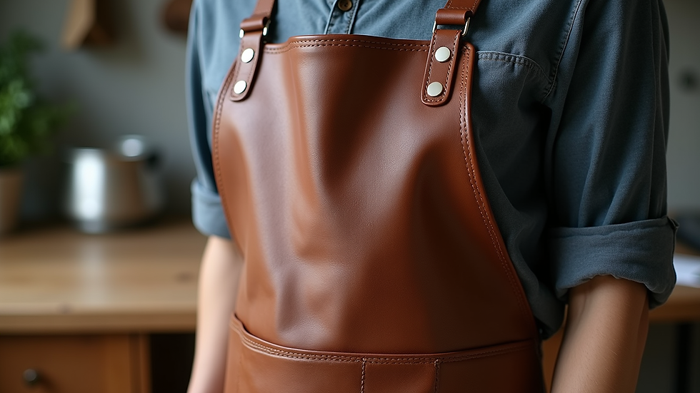 Close-up view of brown leather apron with adjustable straps and pockets
