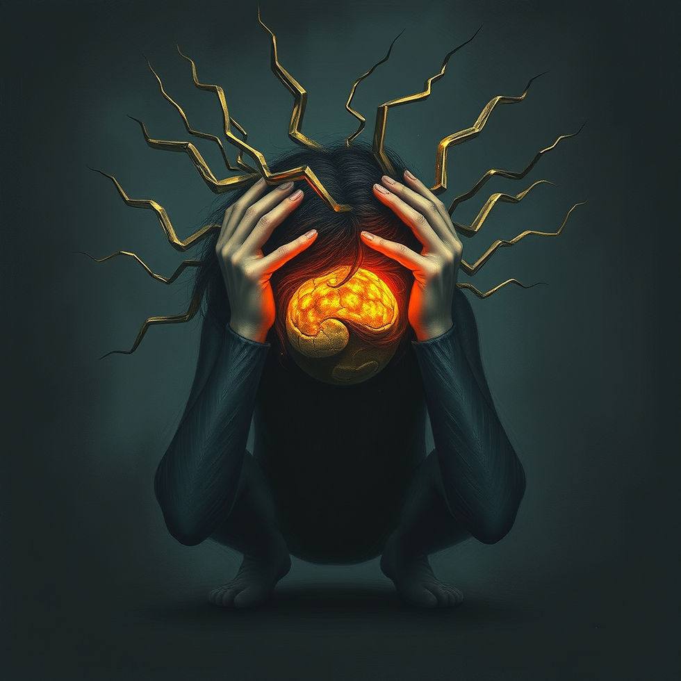Surreal figure clutching head, glowing brain exposed, golden cracks radiating outward on a dark teal background, stressed and pained | Cognitive Exhaustion: the Hyper-Vigilant World: A Peer-to-Peer Guide for Disabled Adults