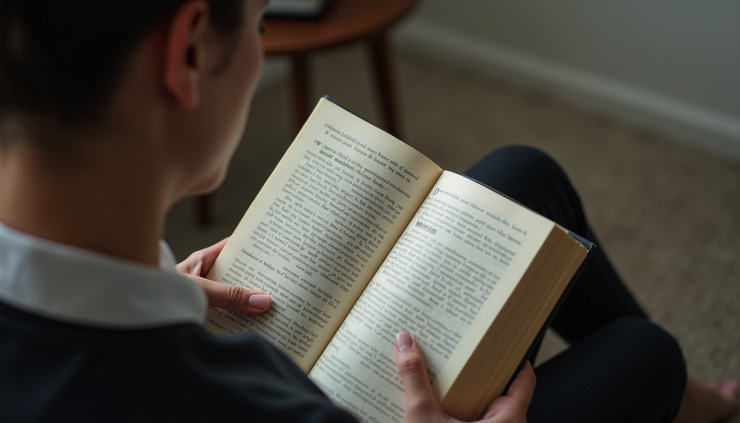 High angle view of a person reading a book on human behavior in a quiet room