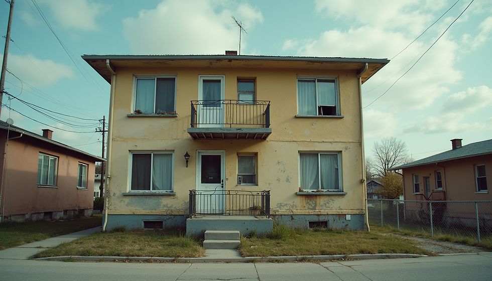 Eye-level view of a modest apartment building with visible wear and tear | Mental Health in Diverse Environments