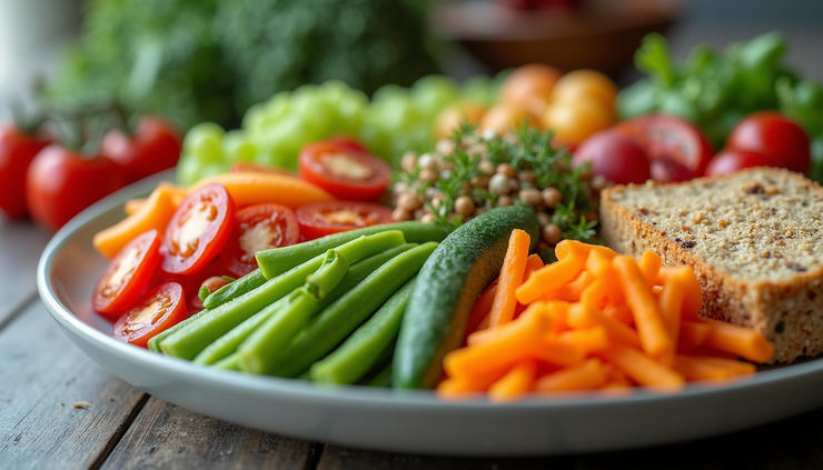 Close-up view of a colorful plate with balanced nutritious food including vegetables, grains, and protein