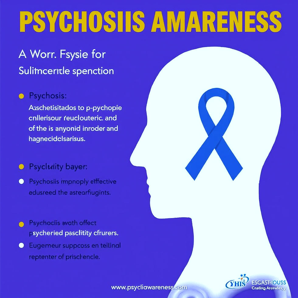 Purple psychosis awareness poster with white head silhouette, blue ribbon, bullet text, and website at bottom.