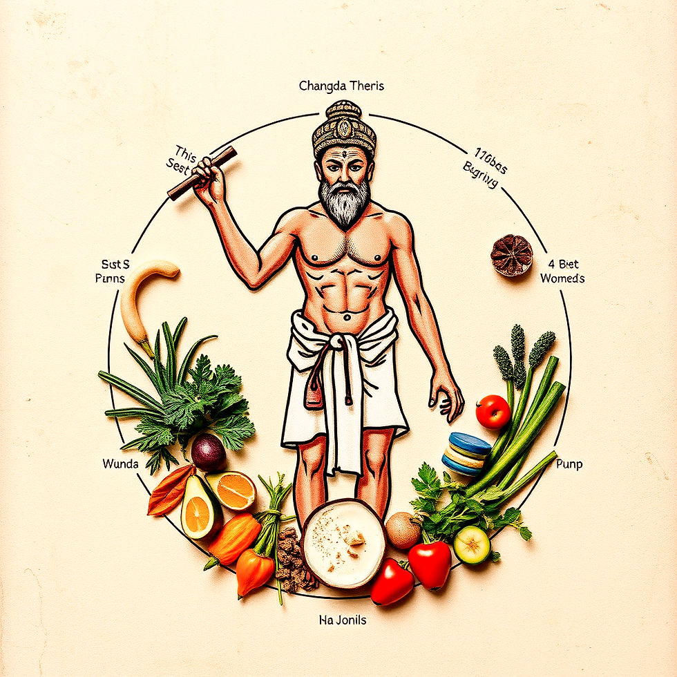 Illustrated bearded man in white wrap holding a stick, ringed by fruits and vegetables on a cream background with small labels