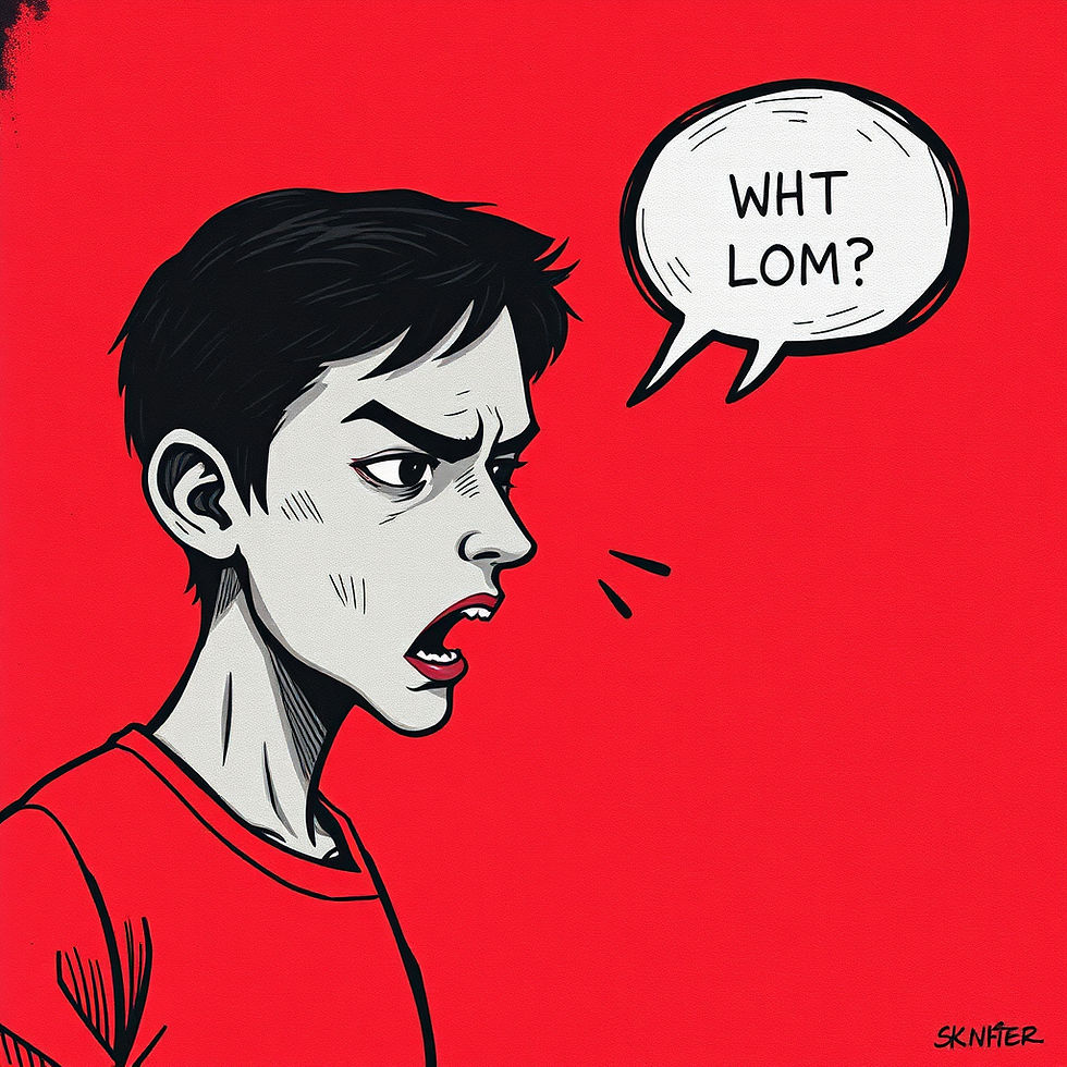 Angry young man in a red shirt shouts on a red background, with a speech bubble reading WHT LOM?